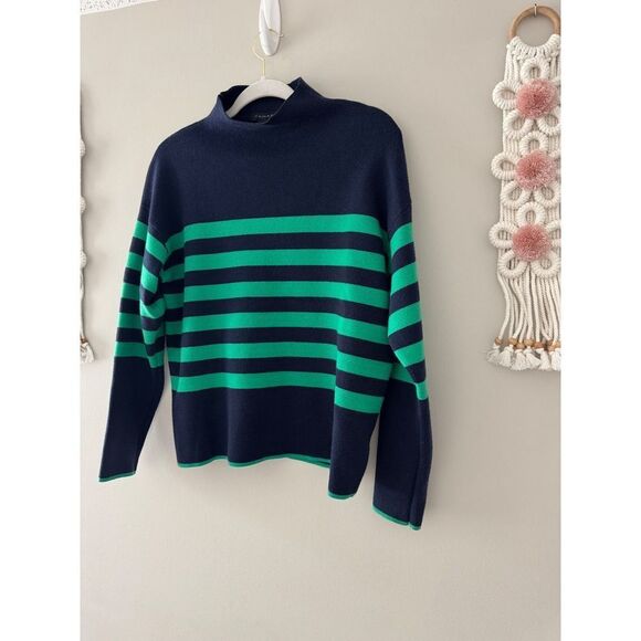 Tahari Striped Mock Neck Pullover Sweater Green Navy Blue Stylish Size Large - Picture 4 of 7